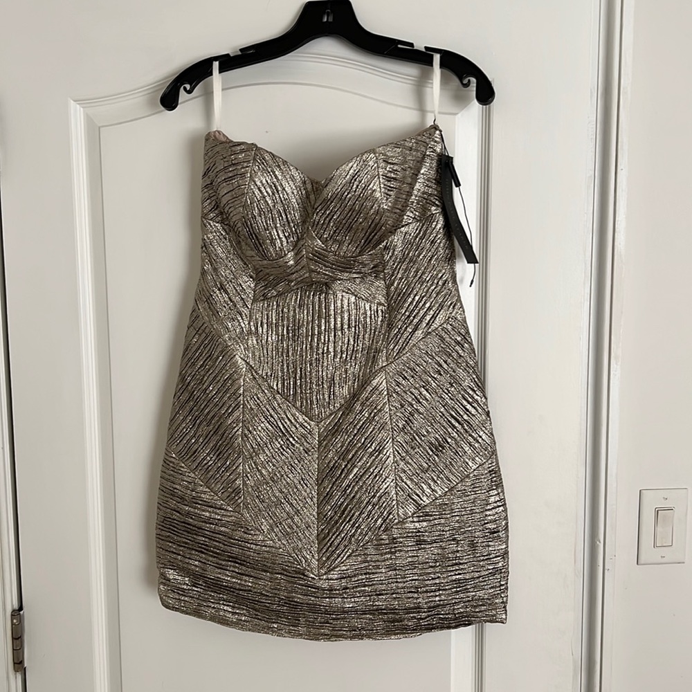 NWT John Paul Ataker lux brand strapless cocktail dress- metallic. Perfect cond!